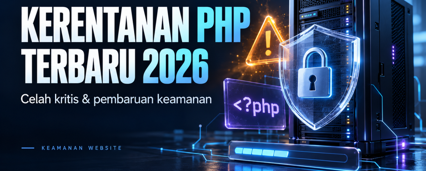Ilustrasi kerentanan PHP terbaru 2026 dengan server, perisai digital, dan pembaruan keamanan