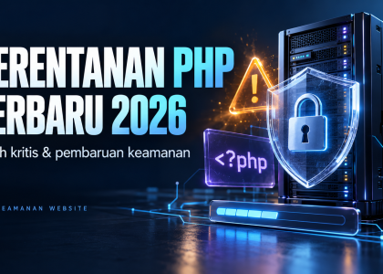 Ilustrasi kerentanan PHP terbaru 2026 dengan server, perisai digital, dan pembaruan keamanan